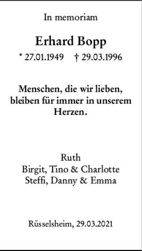  Traueranzeige für Erhard Bopp vom 29.03.2021 aus vrm-trauer