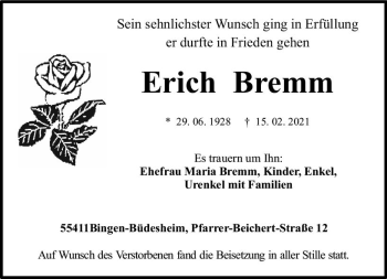 Traueranzeige von Erich Bremm von vrm-trauer