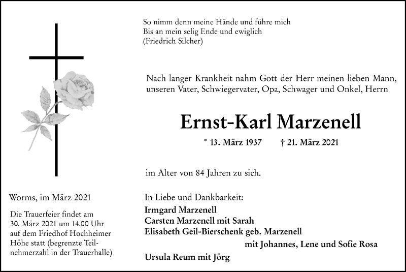  Traueranzeige für Ernst-Karl Marzenell vom 27.03.2021 aus vrm-trauer