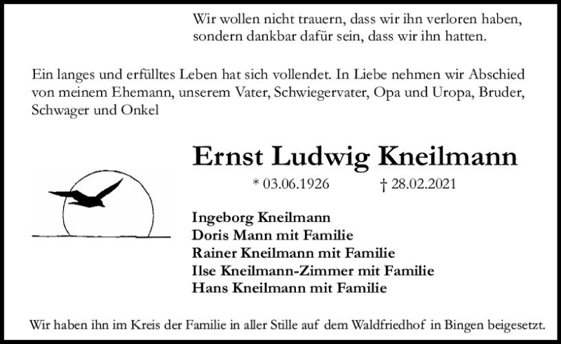  Traueranzeige für Ernst Ludwig Kneilmann vom 20.03.2021 aus vrm-trauer