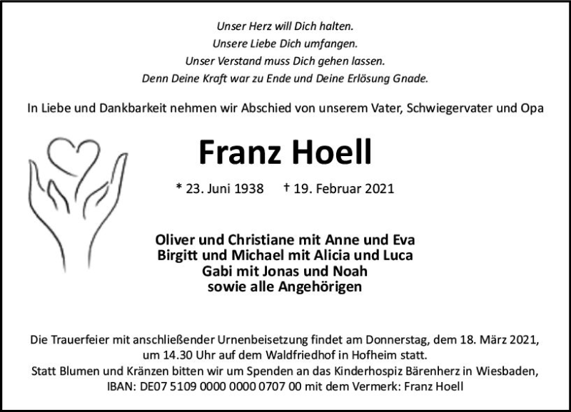  Traueranzeige für Franz Hoell vom 12.03.2021 aus vrm-trauer