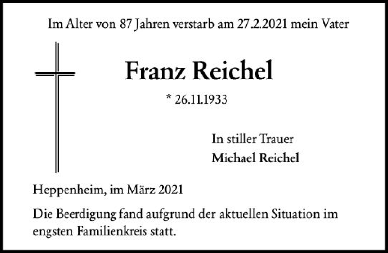  Traueranzeige für Franz Reichel vom 13.03.2021 aus vrm-trauer