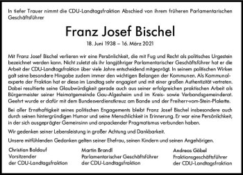 Traueranzeige von Franz Josef Bischel von vrm-trauer