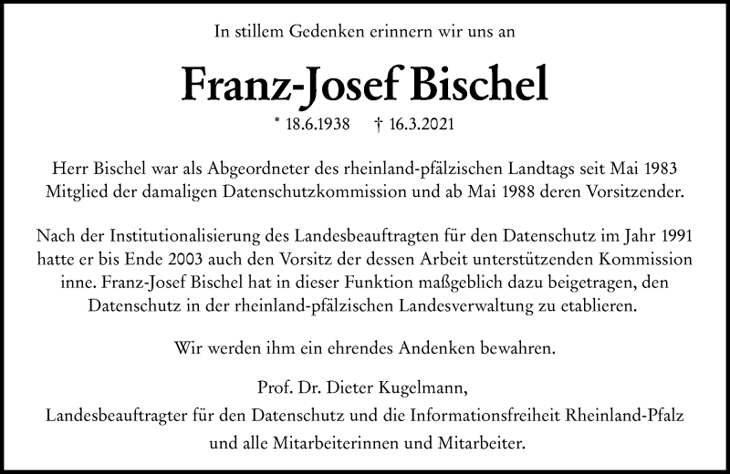 Traueranzeige für Franz Josef Bischel vom 27.03.2021 aus vrm-trauer