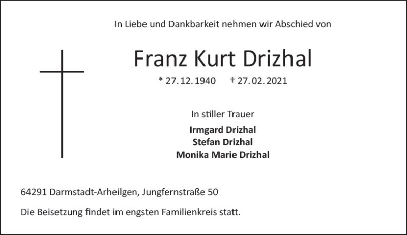  Traueranzeige für Franz Kurt Drizhal vom 06.03.2021 aus vrm-trauer