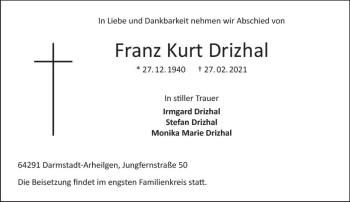 Traueranzeige von Franz Kurt Drizhal von vrm-trauer