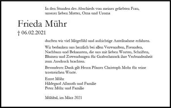 Traueranzeige von Frieda Mühr von vrm-trauer