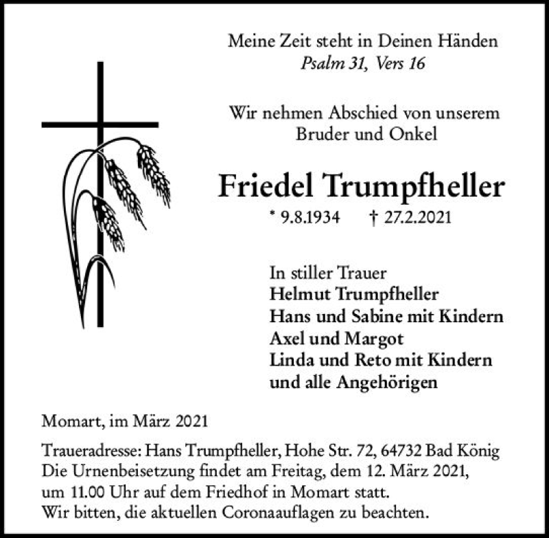  Traueranzeige für Friedel Trumpfheller vom 06.03.2021 aus vrm-trauer