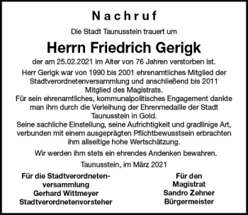 Traueranzeige von Friedrich Gerigk von vrm-trauer