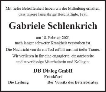 Traueranzeige von Gabriele Schlenkrich von vrm-trauer