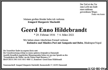 Traueranzeige von Geerd Enno Hildebrandt von vrm-trauer