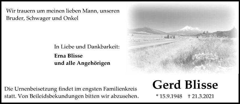  Traueranzeige für Gerd Misse vom 27.03.2021 aus vrm-trauer