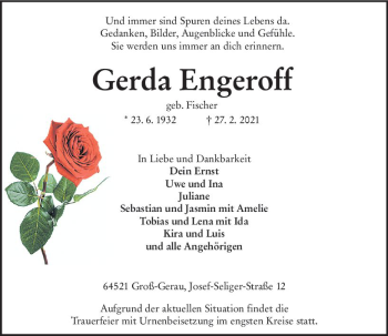 Traueranzeige von Gerda Engeroff von vrm-trauer