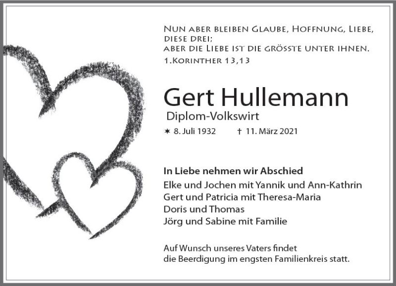  Traueranzeige für Gert Hullemann vom 17.03.2021 aus vrm-trauer