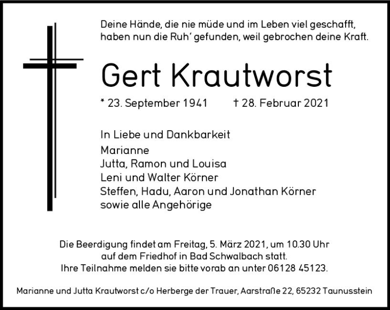  Traueranzeige für Gert Krautworst vom 03.03.2021 aus vrm-trauer