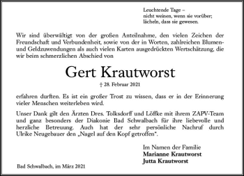Traueranzeige von Gert Krautworst von vrm-trauer