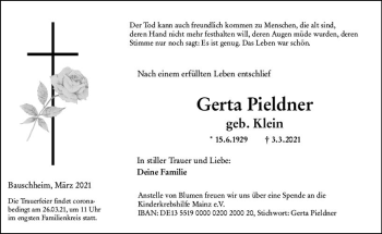 Traueranzeige von Gerta Pieldner von vrm-trauer