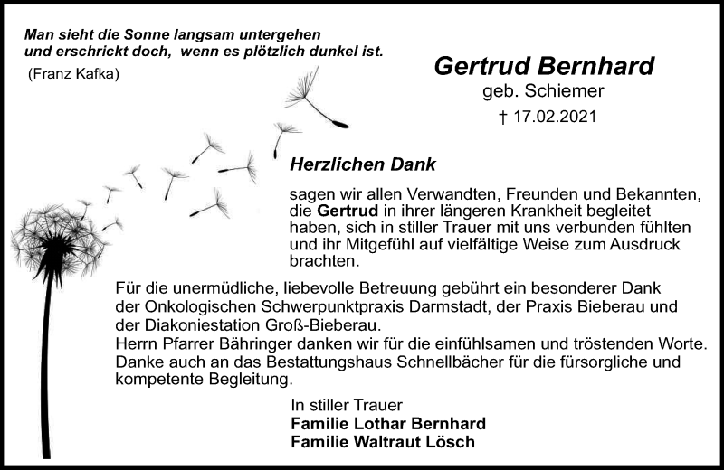  Traueranzeige für Gertrud Bernhard vom 27.03.2021 aus vrm-trauer