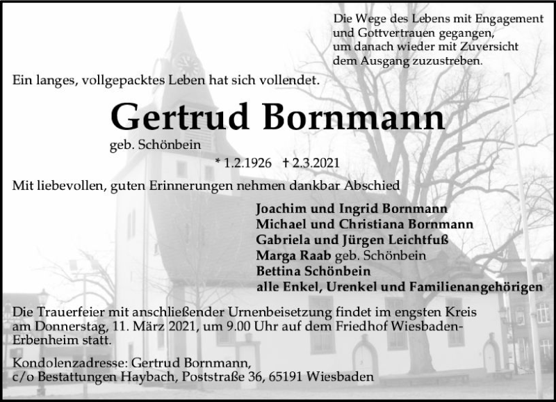  Traueranzeige für Gertrud Bornmann vom 06.03.2021 aus vrm-trauer