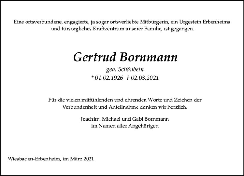  Traueranzeige für Gertrud Bornmann vom 20.03.2021 aus vrm-trauer