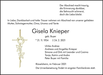 Traueranzeige von Gisela Knieper von vrm-trauer