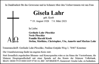 Traueranzeige von Gisela Lahr von vrm-trauer