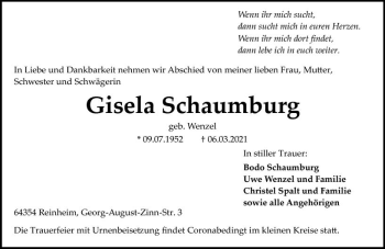 Traueranzeige von Gisela Schaumburg von vrm-trauer