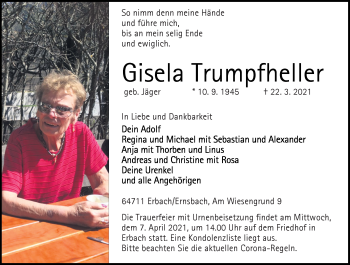 Traueranzeige von Gisela Trumpfheller von vrm-trauer