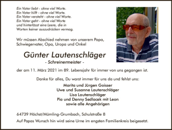 Traueranzeige von Günter Lautenschläger von vrm-trauer