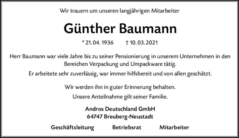 Traueranzeige für Günther Baumann vom 25.03.2021 aus vrm-trauer