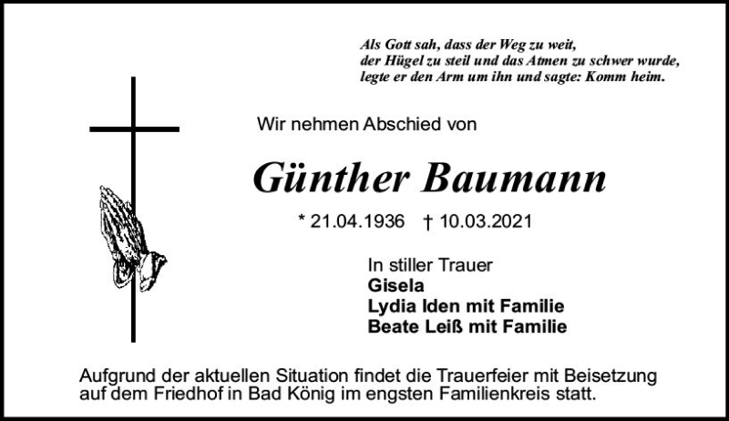  Traueranzeige für Günther Baumann vom 20.03.2021 aus vrm-trauer