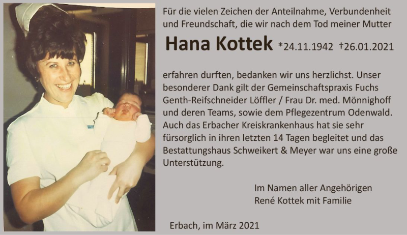  Traueranzeige für Hana Kottek vom 20.03.2021 aus vrm-trauer