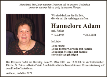 Traueranzeige von Hannelore Adam von vrm-trauer