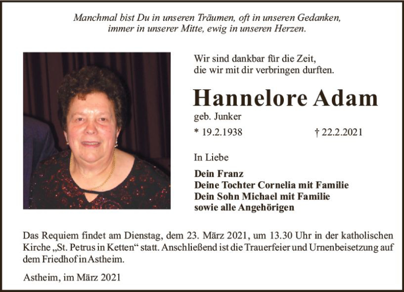  Traueranzeige für Hannelore Adam vom 20.03.2021 aus vrm-trauer