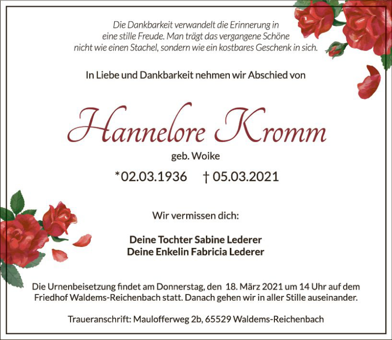  Traueranzeige für Hannelore Kromm vom 13.03.2021 aus vrm-trauer
