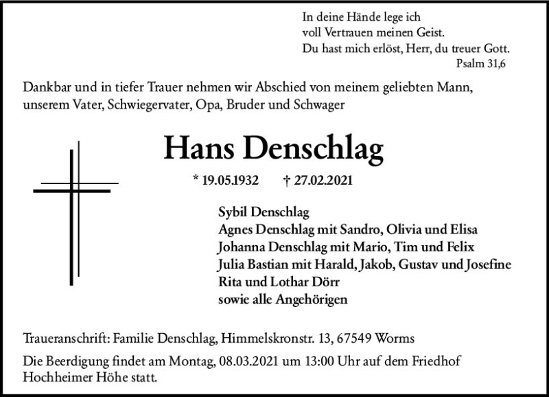  Traueranzeige für Hans Denschlag vom 06.03.2021 aus vrm-trauer