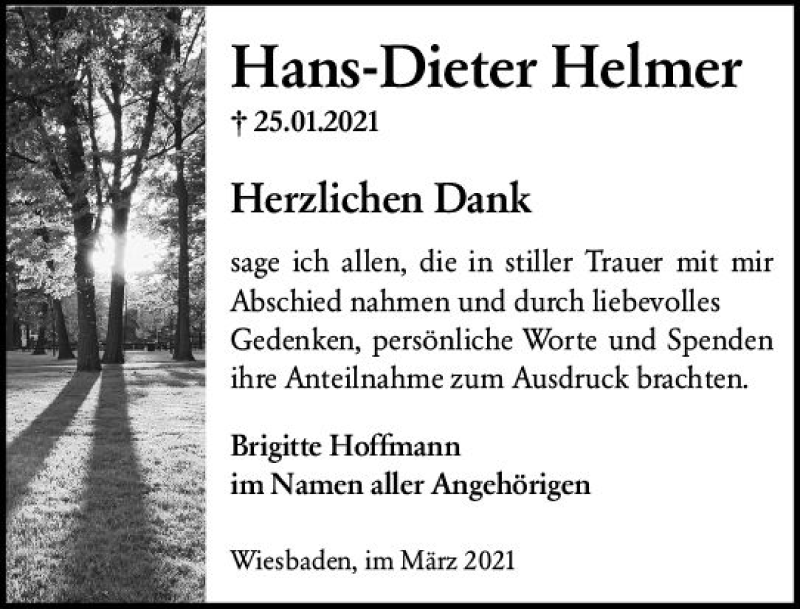  Traueranzeige für Hans-Dieter Helmer vom 13.03.2021 aus vrm-trauer