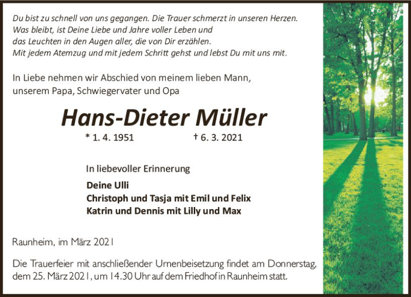  Traueranzeige für Hans-Dieter Müller vom 20.03.2021 aus vrm-trauer