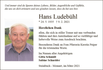 Traueranzeige von Hans Ludebühl von vrm-trauer