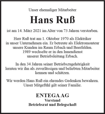 Traueranzeige von Hans Ruß von vrm-trauer