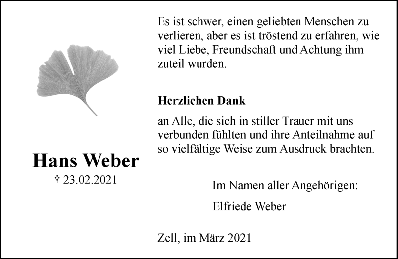  Traueranzeige für Hans Weber vom 27.03.2021 aus vrm-trauer