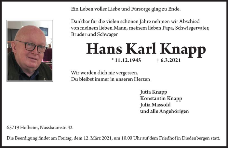  Traueranzeige für Hans Karl Knapp vom 09.03.2021 aus vrm-trauer