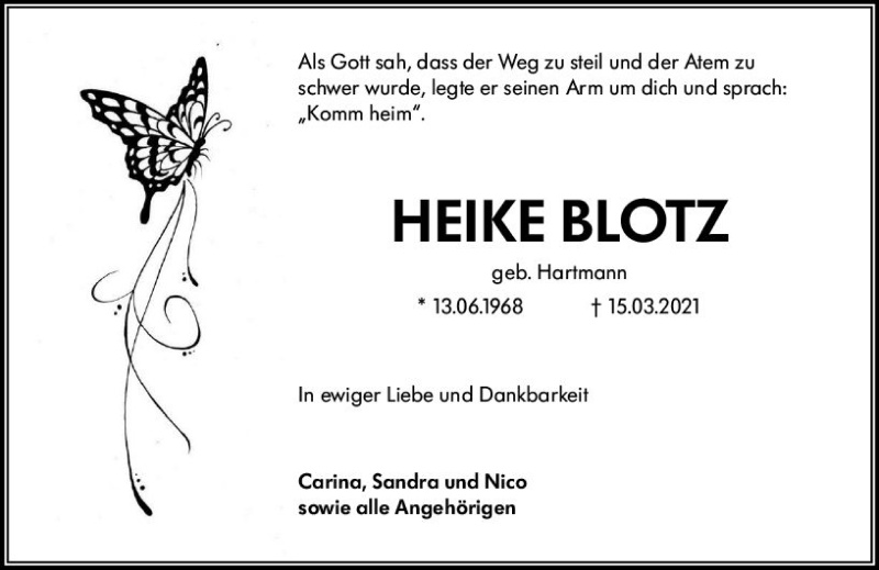  Traueranzeige für Heike Blotz vom 20.03.2021 aus vrm-trauer