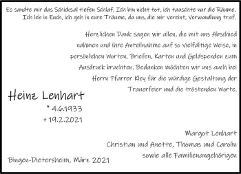 Traueranzeige von Heinz Lenhart von vrm-trauer