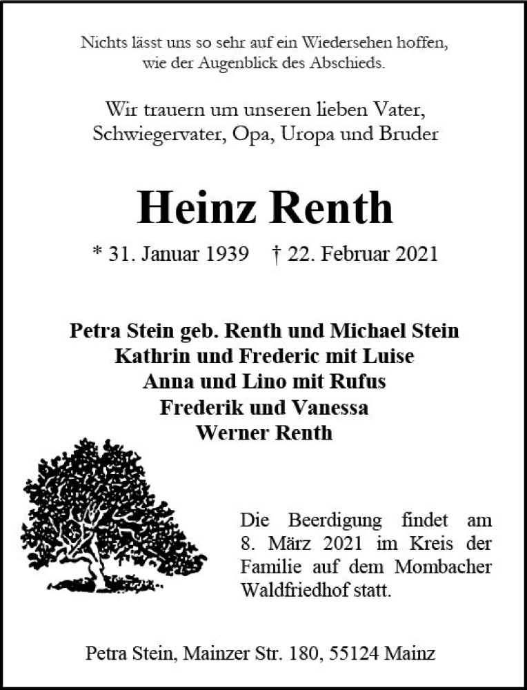  Traueranzeige für Heinz Renth vom 06.03.2021 aus vrm-trauer