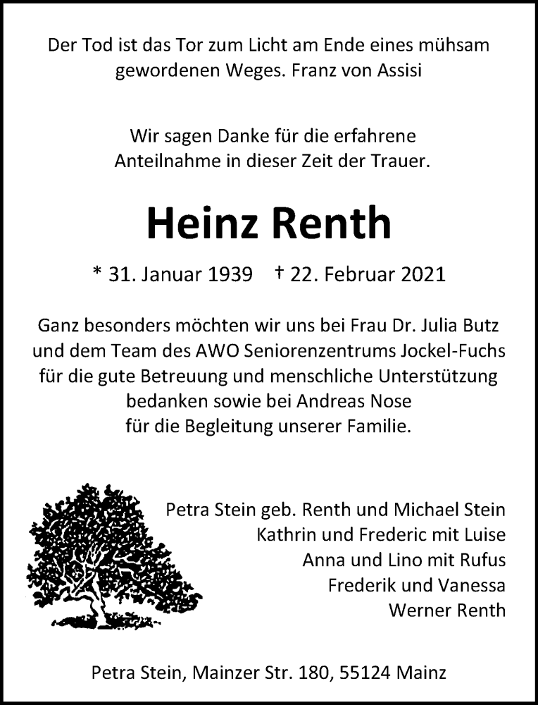  Traueranzeige für Heinz Renth vom 27.03.2021 aus vrm-trauer