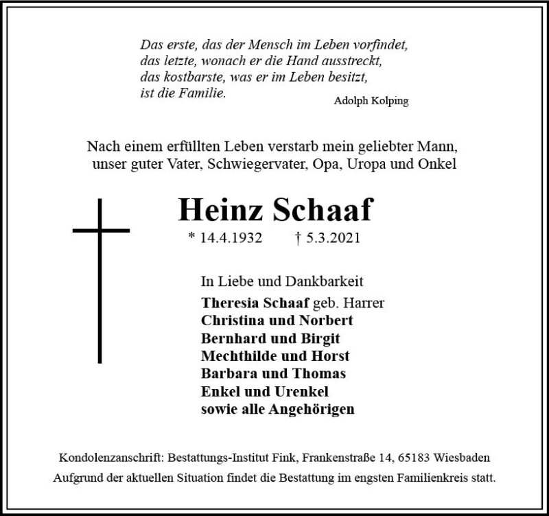  Traueranzeige für Heinz Schaaf vom 13.03.2021 aus vrm-trauer