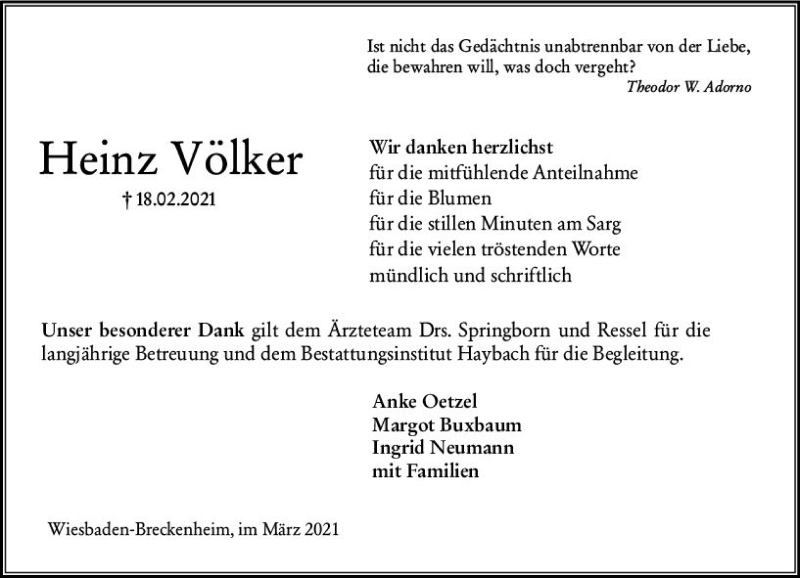  Traueranzeige für Heinz Völker vom 20.03.2021 aus vrm-trauer