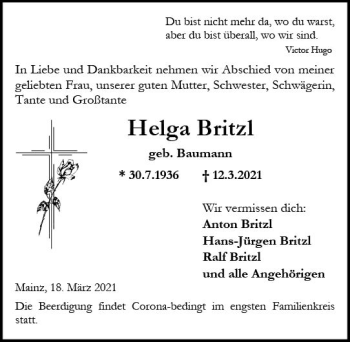Traueranzeige von Helga Britzl von vrm-trauer