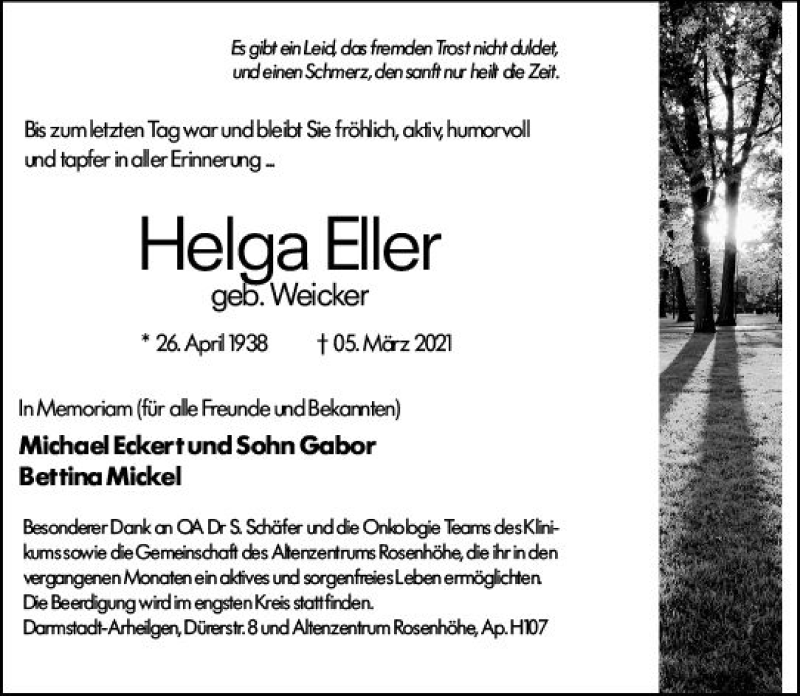  Traueranzeige für Helga Eller vom 13.03.2021 aus vrm-trauer